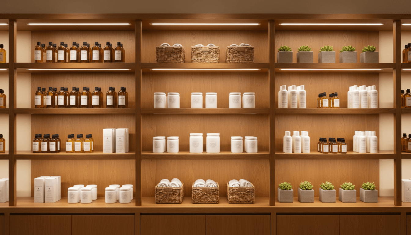 Retail store shelf with assorted products under warm lighting