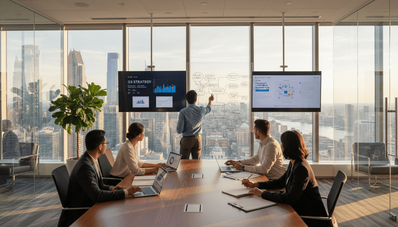 Team discussing retail strategy in meeting room